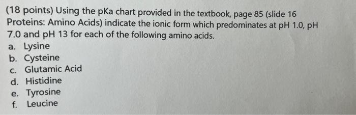 18 Points Using The Pka Chart Provided In The Textbook Page 85 Slide 16 Proteins Amino Acids Indicate The Ionic Fo 1
