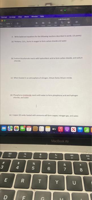Format Arrange View Share Window Lab Exam 3 1299 Chart Tex 1 Wite Balanced Equations For The Following Reactions Descr 1