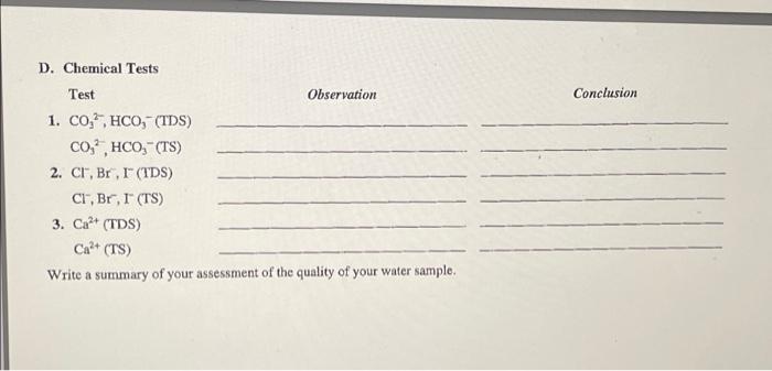 D Chemical Tests Test Observation 1 Co Hco Tds Co Hco Ts 2 Cl Br I Tds Cl Br I Ts 3 Ca Tds Ca 1