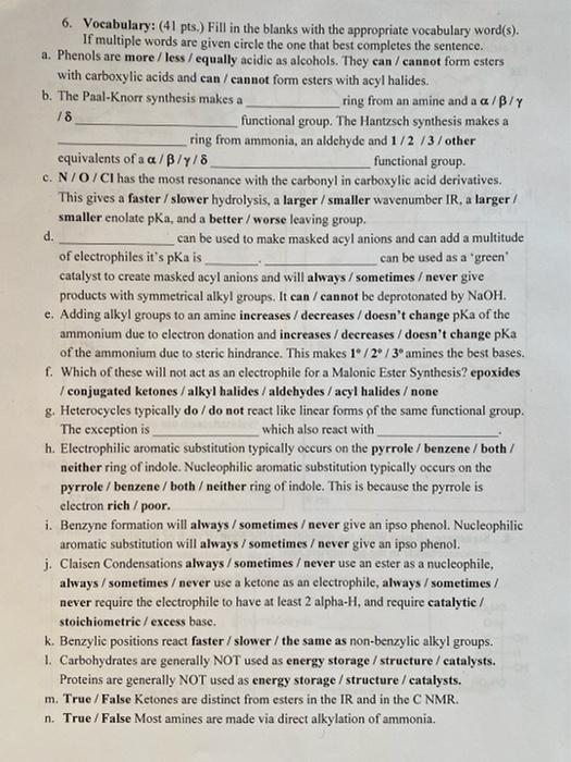 6 Vocabulary 41 Pts Fill In The Blanks With The Appropriate Vocabulary Word S If Multiple Words Are Given Circle 1