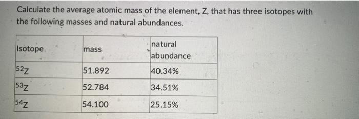 Calculate The Average Atomic Mass Of The Element Z That Has Three Isotopes With The Following Masses And Natural Abund 1