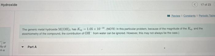 Part B What Is The Solubility Of M Oh In A 0 202 Mol L Solution Of M No3 Express Your Answer With The Appropriate U 2