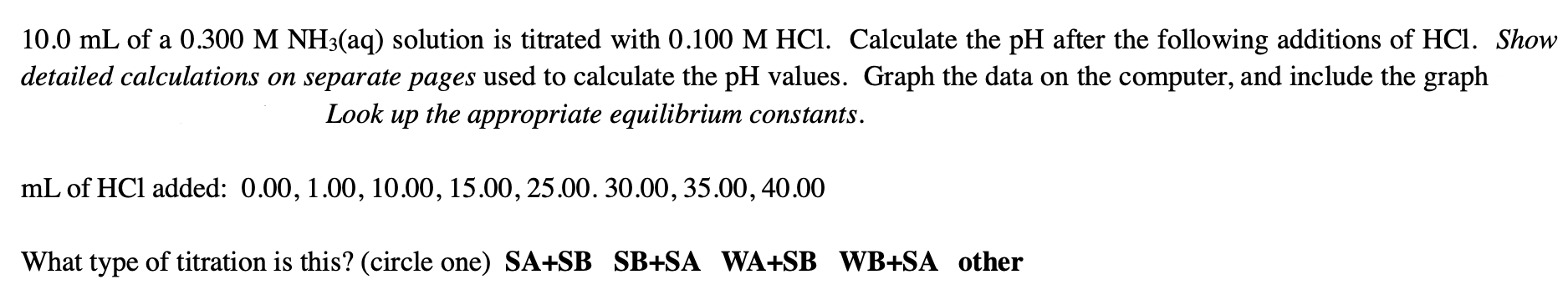 10 0 Ml Of A 0 300 M Nh3 Aq Solution Is Titrated With 0 100 M Hcl Calculate The Ph After The Following Additions Of Hc 1