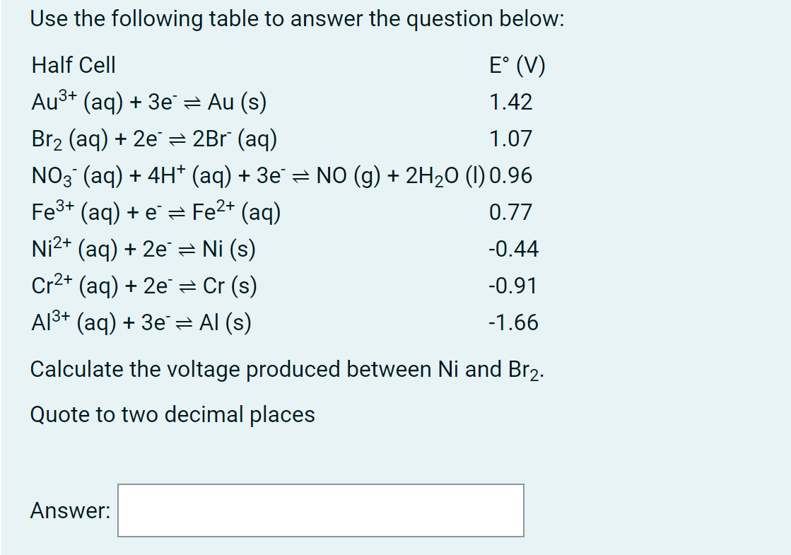 Use The Following Table To Answer The Question Below Half Cell E V Au Aq 3e Au S 1 42 Br Aq 2e 2br 1