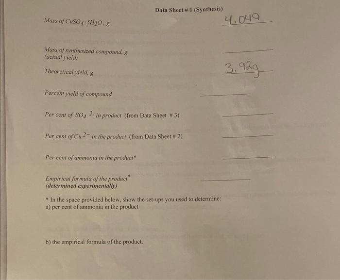Data Sheet 1 Synthesis 4 049 3 929 Mass Of Cuso4 5h O G Mass Of Synthesized Compound G Actual Yield Theoretical Y 1