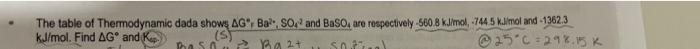 The Table Of Thermodynamic Kj Mol Find Ag And Kp Dada Shows Ag Ba So And Baso Are Respectively 560 8 Kj Mol 744 1