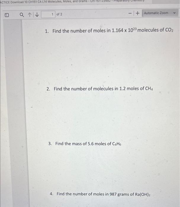 Actice Download 10 Ch151 Ca L14 Molecules Moles And Grams Ch 151 23482 A 1 Of 2 Automatic Zoom 1 Find The Numb 1