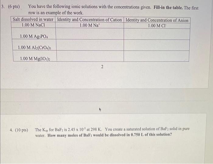 3 6 Pts You Have The Following Ionic Solutions With The Concentrations Given Fill In The Table The First Row Is An 1