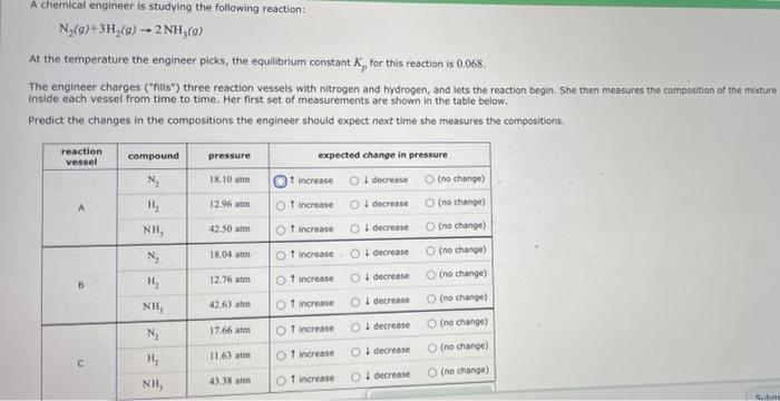 A Chemical Engineer Is Studying The Following Reaction N G 3h G 1 2 Nh 9 At The Temperature The Engineer Picks 1