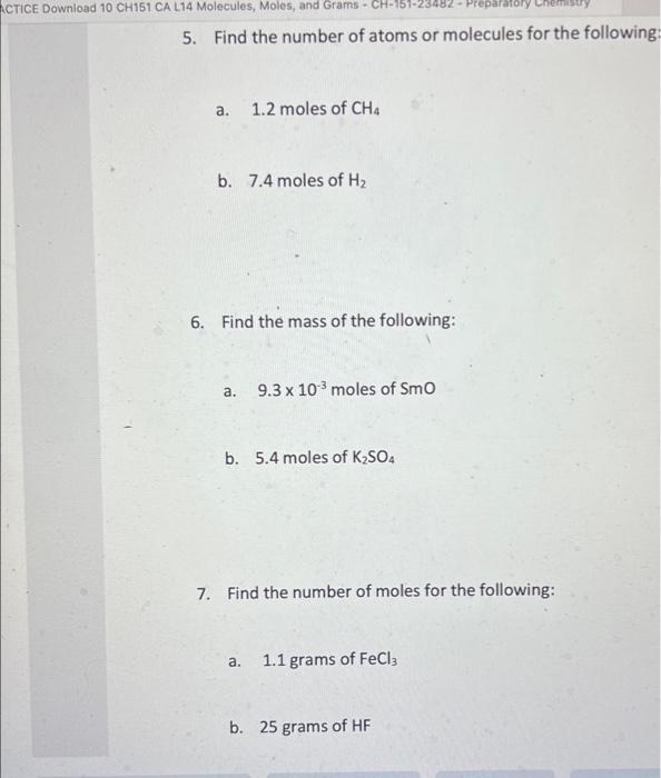 Actice Download 10 Ch151 Ca L14 Molecules Moles And Grams Ch 151 23482 Preparatory 5 Find The Number Of Atoms Or Mole 1