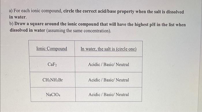 A For Each Ionic Compound Circle The Correct Acid Base Property When The Salt Is Dissolved In Water B Draw A Square 1