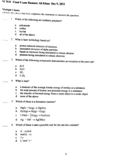 Sch4u Final Exam Rameez Ali Khan Dec 9 2021 Multiple Choice Identify The Choce That Best Completes The Statement Or Ans 1