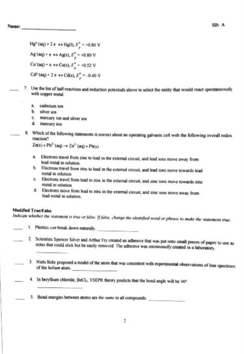 Sch4u Final Exam Rameez Ali Khan Dec 9 2021 Multiple Choice Identify The Choce That Best Completes The Statement Or Ans 2