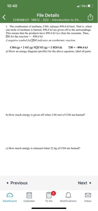 10 40 5ge File Details Chem 121 18612 22 Introduction To Ch 1 The Combustion Of Methane Ch4 Releases 890 4 1