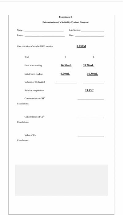 Experiment Determination Of A San Pruder Constant Nam Concentration Of Standard Hit Solution 0 Osom Final Buret Reading 1