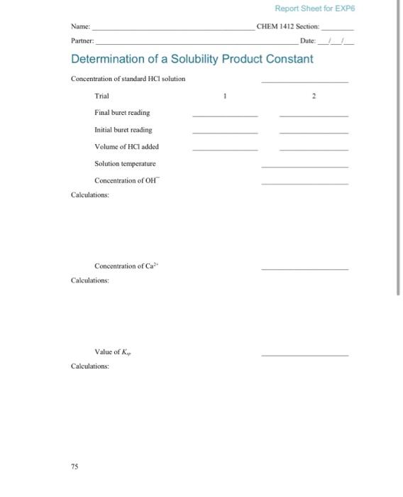 Experiment Determination Of A San Pruder Constant Nam Concentration Of Standard Hit Solution 0 Osom Final Buret Reading 2