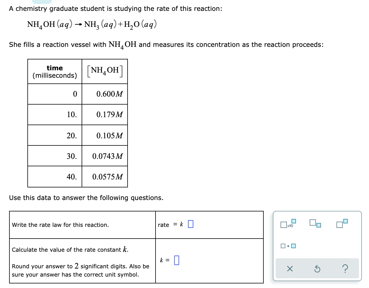 A Chemistry Graduate Student Is Studying The Rate Of This Reaction Nh Oh Aq Nh Aq H O Aq She Fills A Reaction V 1