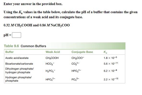 Enter Your Answer In The Provided Box Using The K Values In The Table Below Calculate The Ph Of A Buffer That Contain 1