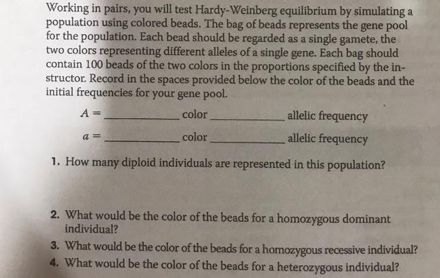 Working In Pairs You Will Test Hardy Weinberg Equilibrium By Simulating A Population Using Colored Beads The Bag Of Be 1