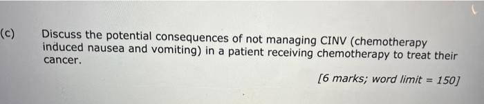 C Discuss The Potential Consequences Of Not Managing Cinv Chemotherapy Induced Nausea And Vomiting In A Patient Rece 1