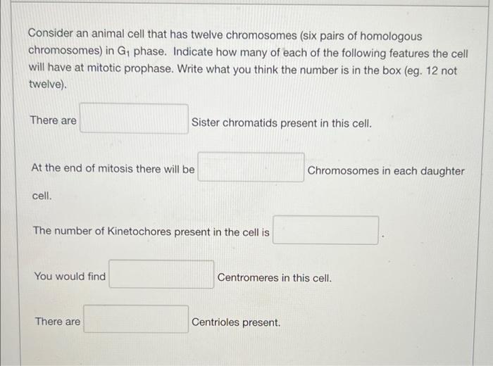 Consider An Animal Cell That Has Twelve Chromosomes Six Pairs Of Homologous Chromosomes In G Phase Indicate How Many 1