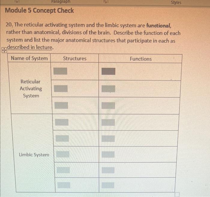 Paragraph Styles Module 5 Concept Check 20 The Reticular Activating System And The Limbic System Are Functional Rather 1