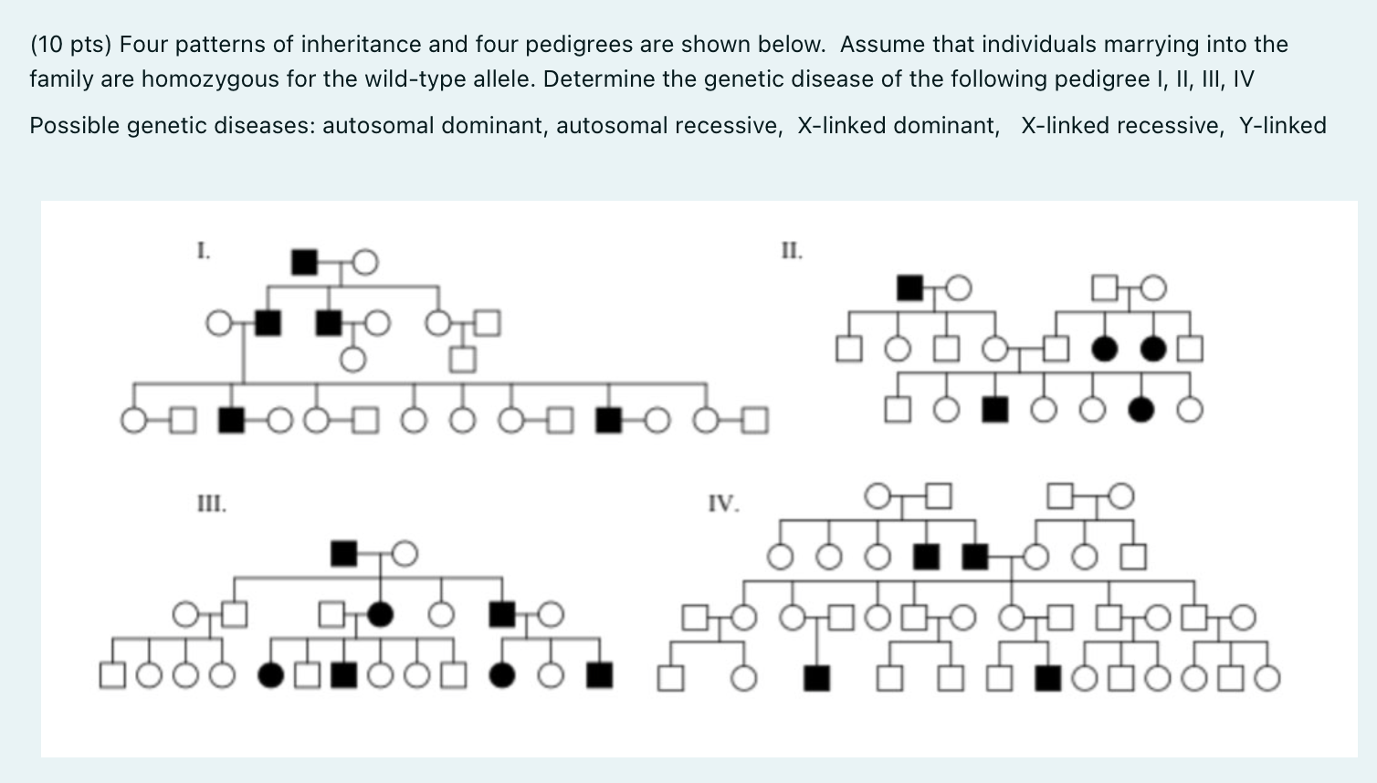 10 Pts Four Patterns Of Inheritance And Four Pedigrees Are Shown Below Assume That Individuals Marrying Into The Fami 1