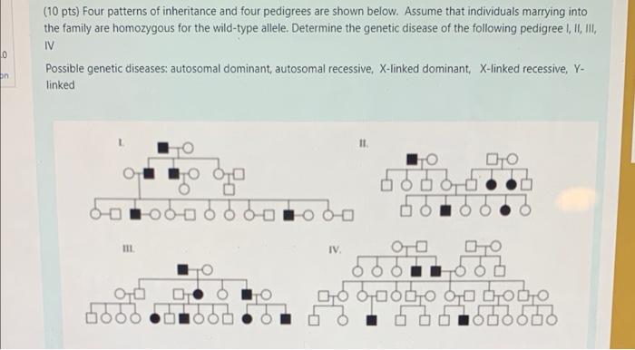 10 Pts Four Patterns Of Inheritance And Four Pedigrees Are Shown Below Assume That Individuals Marrying Into The Fami 1