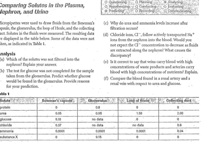 Comparing Solutes In The Plasma Nephron And Urine Ficropipettes Were Used To Draw Fluids From The Bowman S Apsule The 1
