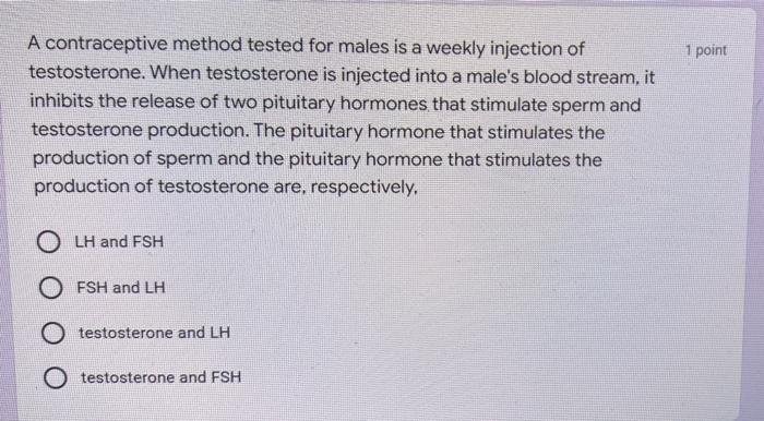 A Contraceptive Method Tested For Males Is A Weekly Injection Of Testosterone When Testosterone Is Injected Into A Male 1