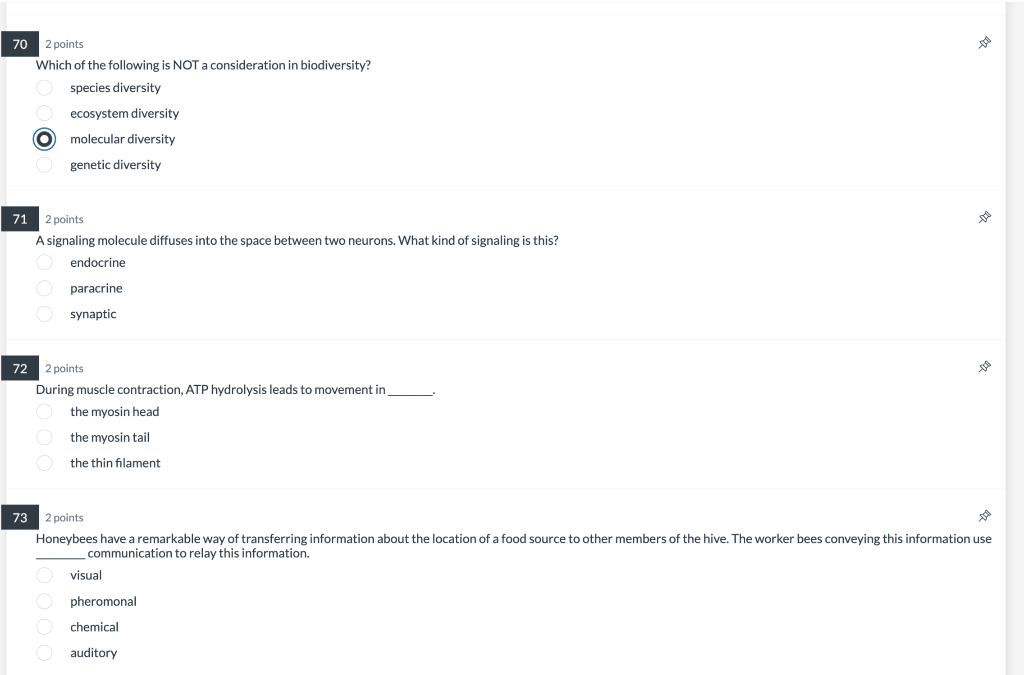 70 2 Points Which Of The Following Is Not A Consideration In Biodiversity Species Diversity Ecosystem Diversity O Molec 1