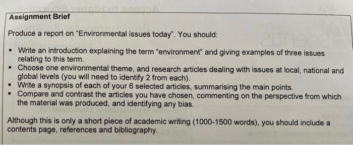 Assignment Brief Produce A Report On Environmental Issues Today You Should Write An Introduction Explaining The Te 1