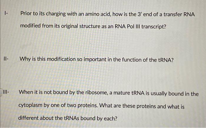 1 Prior To Its Charging With An Amino Acid How Is The 3 End Of A Transfer Rna Modified From Its Original Structure As 1
