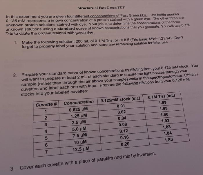 Structure Of Fast Green Fcf In This Experiment You Are Given Four Different Concentrations Of Fast Green Fcf The Bottle 1