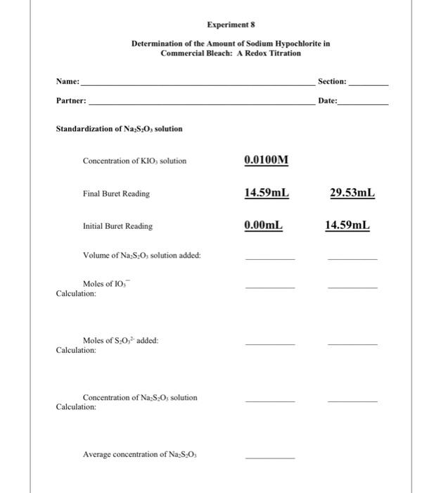 Experiment 8 Determination Of The Amount Of Sodium Hypochlorite In Commercial Bleach A Redox Titration Name Section P 1