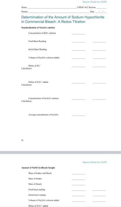 Experiment 8 Determination Of The Amount Of Sodium Hypochlorite In Commercial Bleach A Redox Titration Name Section P 2