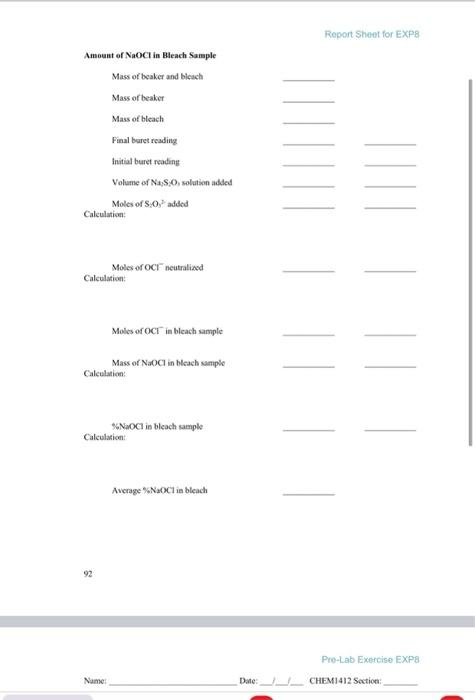Experiment 8 Determination Of The Amount Of Sodium Hypochlorite In Commercial Bleach A Redox Titration Name Section P 3