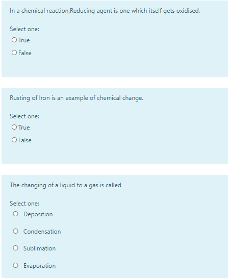 In A Chemical Reaction Reducing Agent Is One Which Itself Gets Oxidised Select One O True O False Rusting Of Iron Is 1
