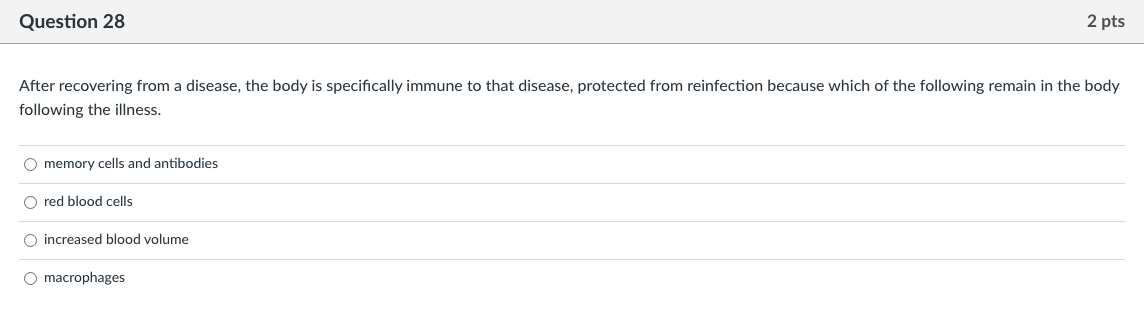 Question 28 2 Pts After Recovering From A Disease The Body Is Specifically Immune To That Disease Protected From Reinf 1