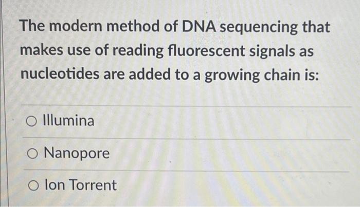 The Modern Method Of Dna Sequencing That Makes Use Of Reading Fluorescent Signals As Nucleotides Are Added To A Growing 1