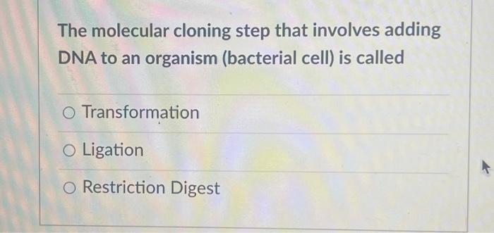 The Molecular Cloning Step That Involves The Breaking Of Covalent Bonds Is Called O Restriction Digest O Ligation O Tra 2