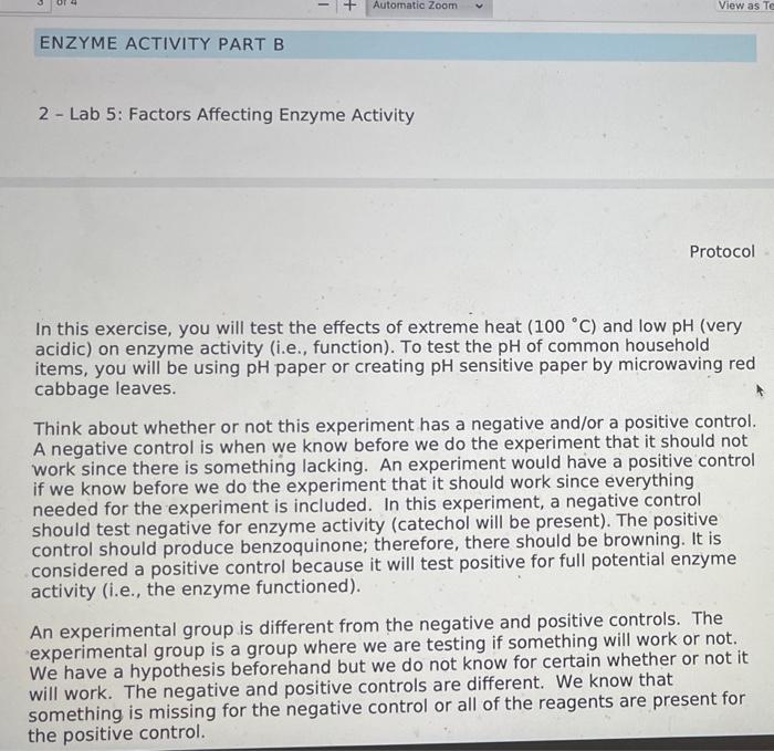 Automatic Zoom View As Te Enzyme Activity Part B 2 Lab 5 Factors Affecting Enzyme Activity Protocol In This Exercise 1