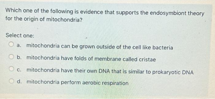 Which One Of The Following Is Evidence That Supports The Endosymbiont Theory For The Origin Of Mitochondria Select One 1