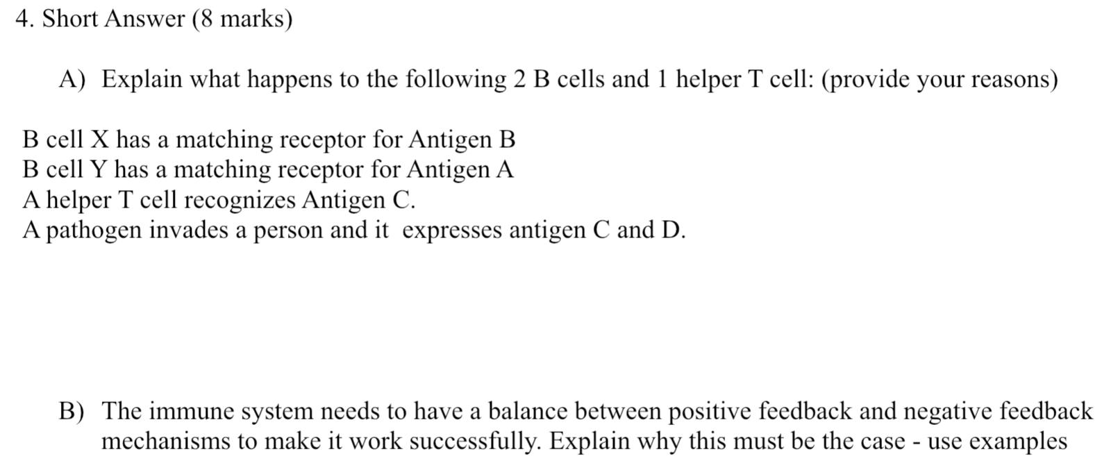 4 Short Answer 8 Marks A Explain What Happens To The Following 2 B Cells And 1 Helper T Cell Provide Your Reasons 1