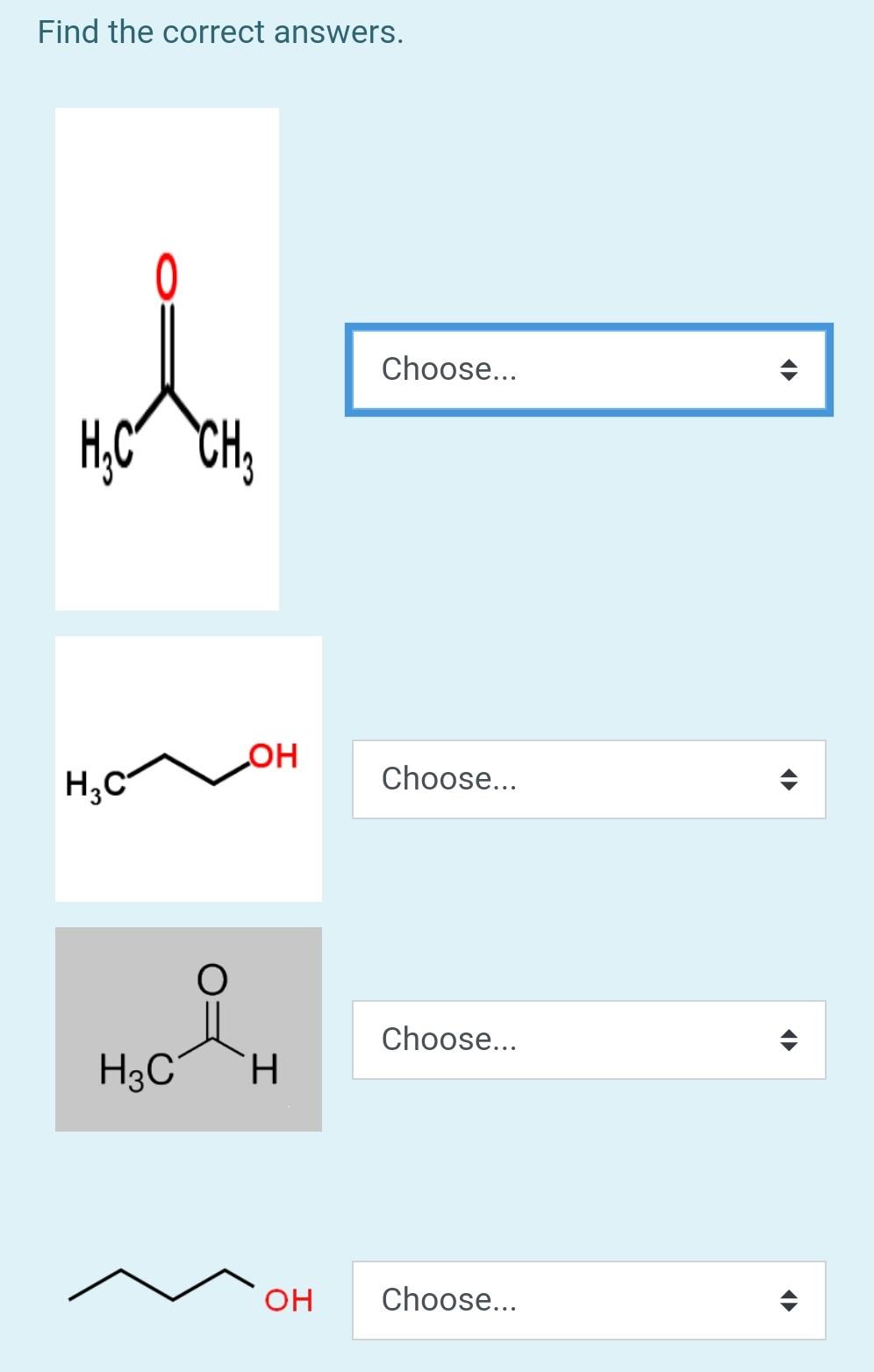 Find The Correct Answers Choose Hyc Che Loh H2c Choose Choose H3c H Oh Choose 1