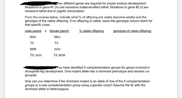 Two Different Genes Are Required For Proper Embryo Development Mutations In Gene 1 M Are Recessive Maternal Effect L 1