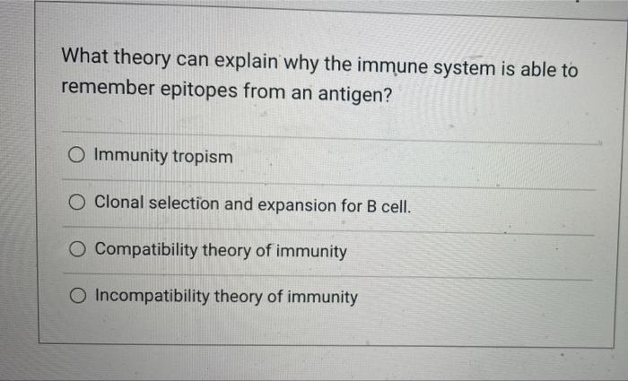 What Theory Can Explain Why The Immune System Is Able To Remember Epitopes From An Antigen O Immunity Tropism O Clonal 1