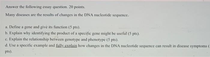 Answer The Following Essay Question 20 Points Many Diseases Are The Results Of Changes In The Dna Nucleotide Sequence 1