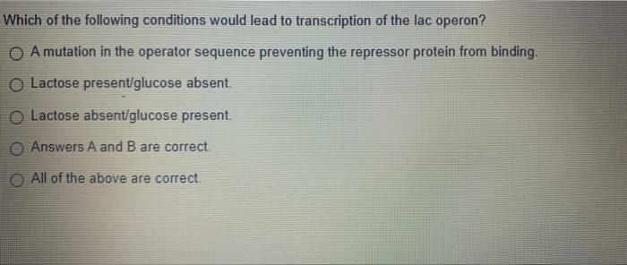 Which Of The Following Conditions Would Lead To Transcription Of The Lac Operon A Mutation In The Operator Sequence Pre 1