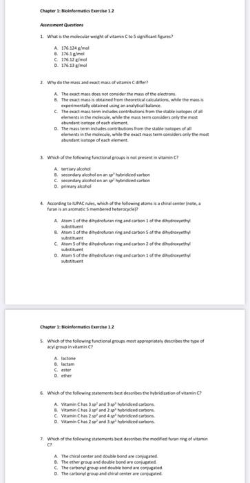 Chapter 1 Bioinformatics Exercise 1 2 Assessment Questions 1 What Is The Molecular Weight Of Vitamin C To 5 Significan 1